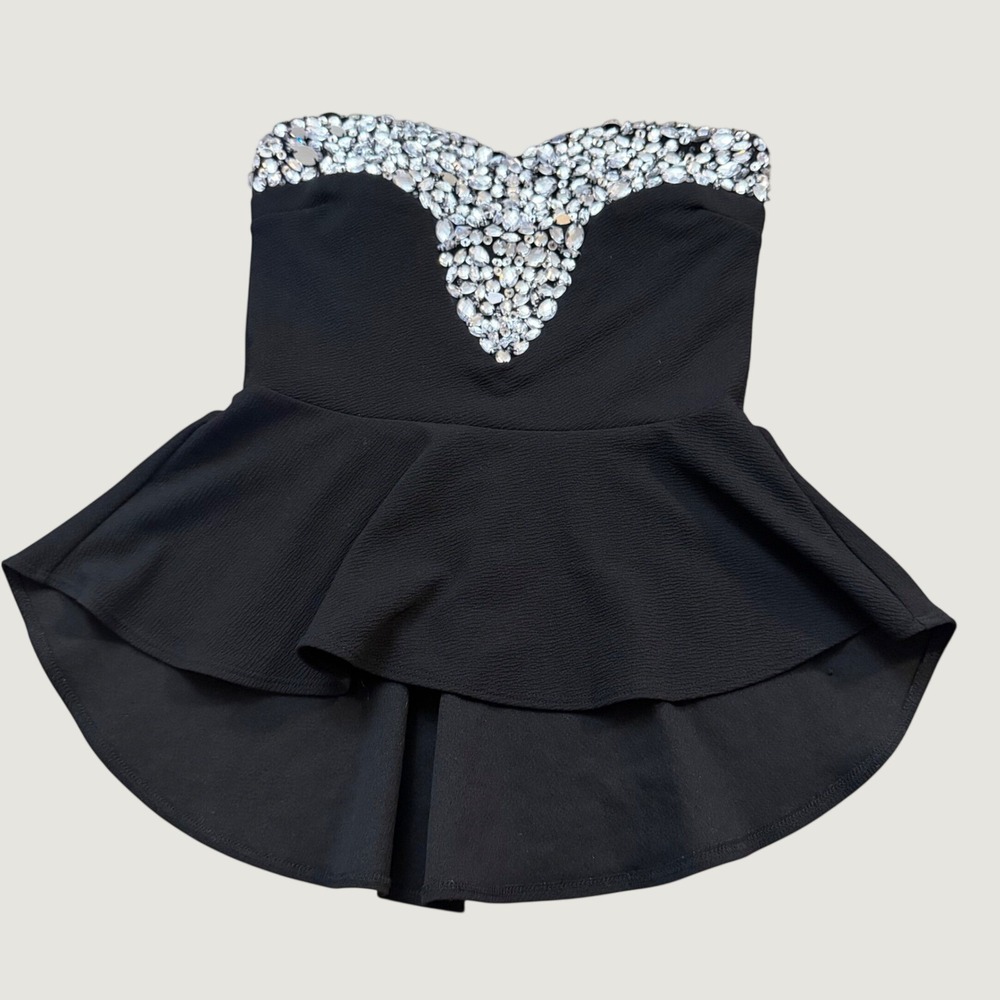 Janice Peplum Top Medium Rhinestone Strapless Party Blouse Black Crepe Y2K Style